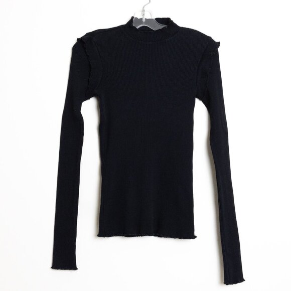 Current/Elliott The Ruffle Rib Top Black Ribbed Mock Neck Size 1 - Picture 2 of 11